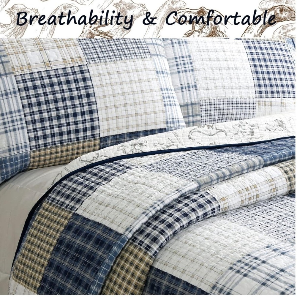 Cozy Line Home Fashion Quilt Set Queen Blue Plaid Cotton Pillow Sham Cottagecore - Picture 2 of 8